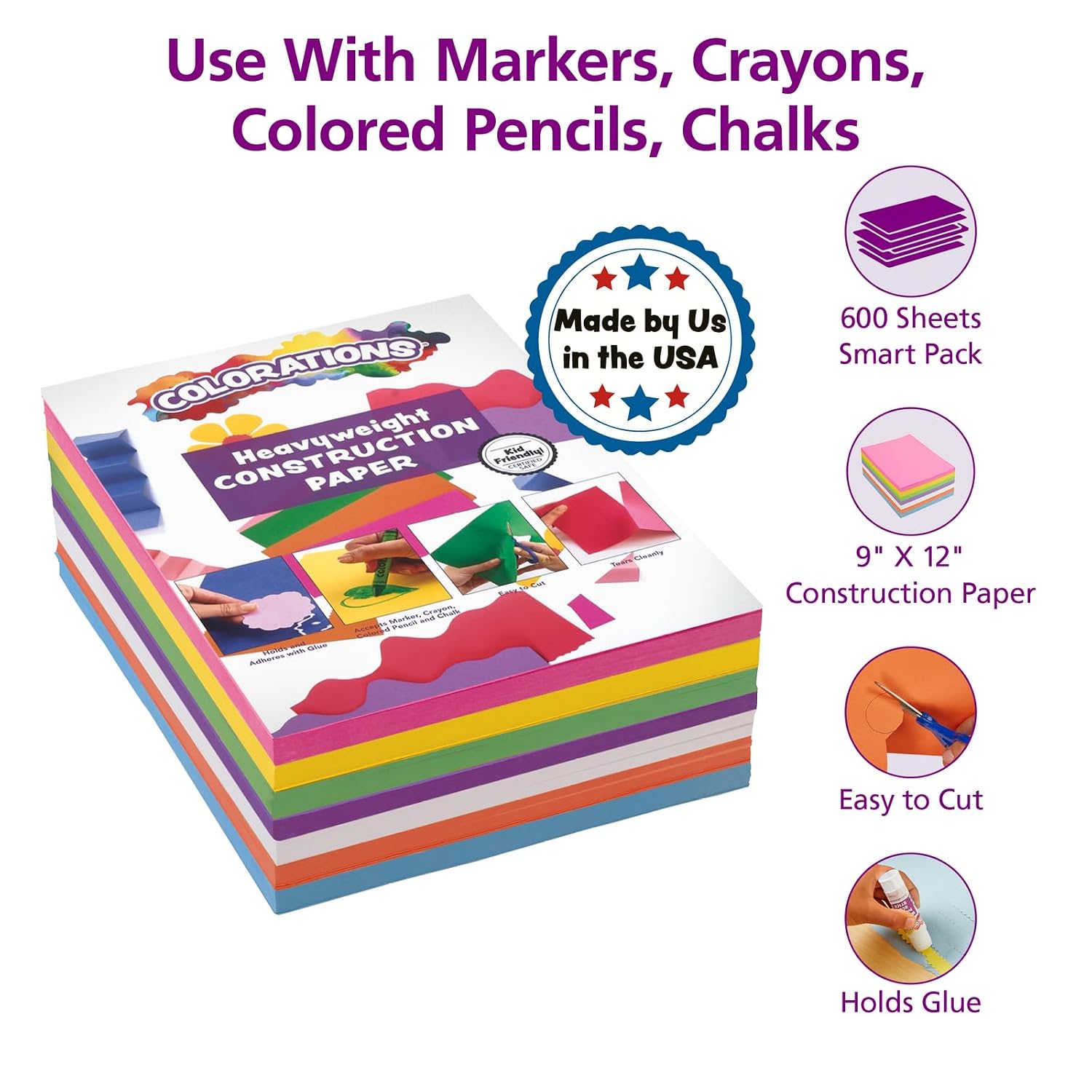 Colorations Construction Paper for Kids - 7 Bright Colors - 600 Bulk Sheets of 9X12 - Assorted Pack of Heavy-Duty Craft Paper. Bulk School Supplies - Image 2